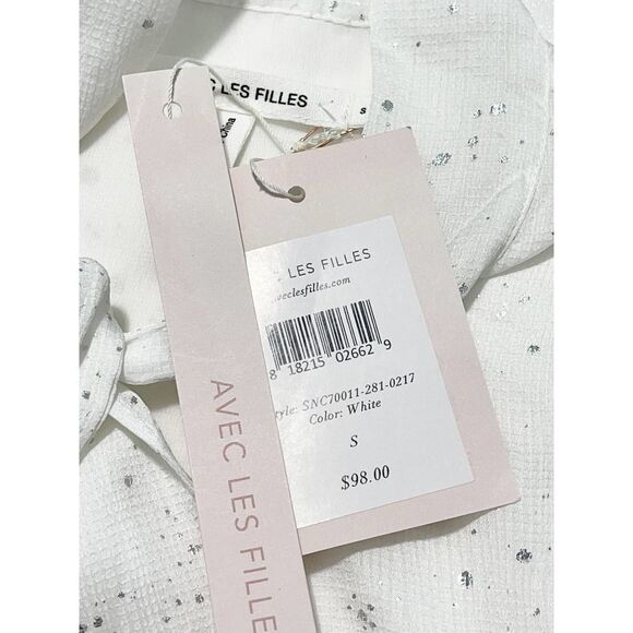 Avec Les Filles Long Sleeve Metallic Splatter Tie Crinkle Mini Dress White Small - Picture 3 of 15